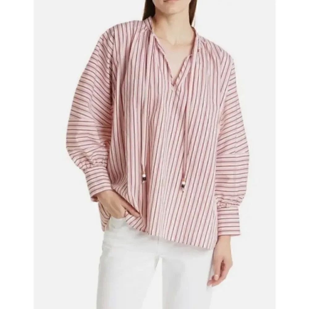HUGO BOSS Women's Bateco Striped Tie Neck Top in Sienna/Rust NWT Size 6